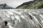 Mutige Gletscher-Wanderer am Fuße des Rhone-Gletschers