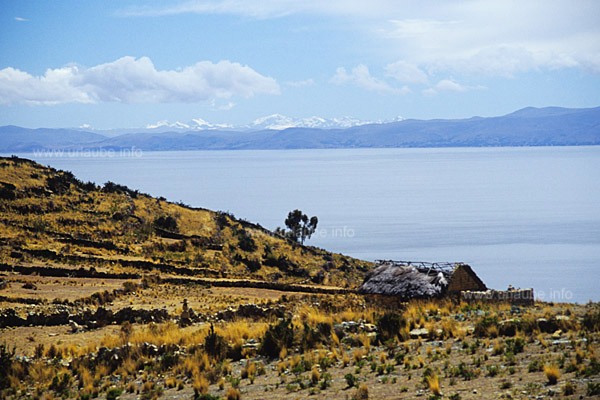 Der Blick &uuml;ber den Titicacasee zur Cordillera Apolobamba mit dem 6000er Chaupi Orco