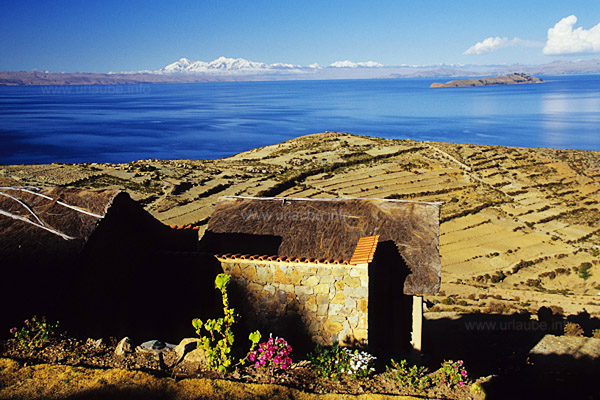 Blick aus unserem H&auml;uschen &uuml;ber den Titicacasee zur Mondinsel und zur Cordillera Real