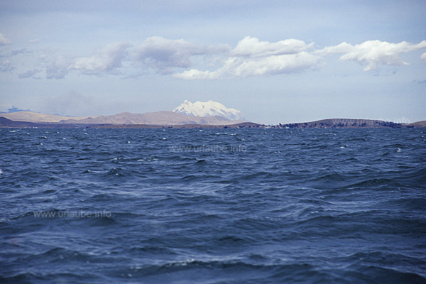 Der durch starken Wind aufgebrauste Titicacasee mit dem Illimani im Hintergrund