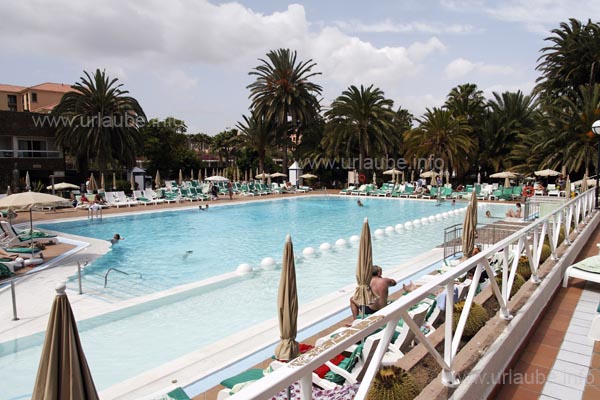 Die hochgewachsenen Palmen bieten f&uuml;r die etwas unmoderne Poollandschaft eine beeindruckende Kulisse.